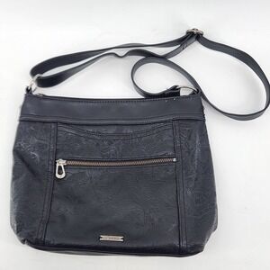Sakroots Crossbody Bag Black Embossed Floral Recycled Polyurethane Purse 12x10